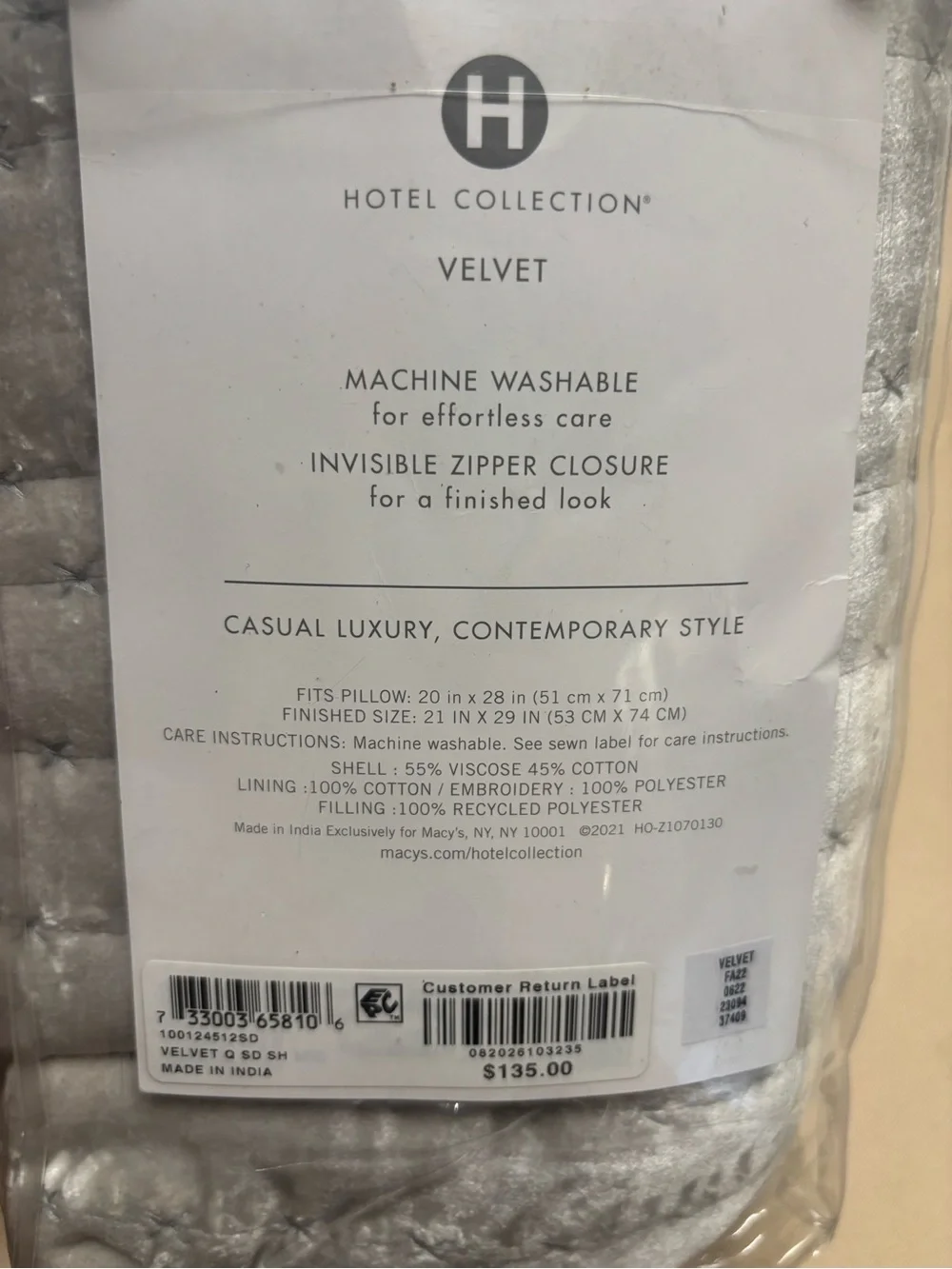 NEW Hotel Collection Quilted Standard Pillow Sham Silver Velvet Set of 1 READ